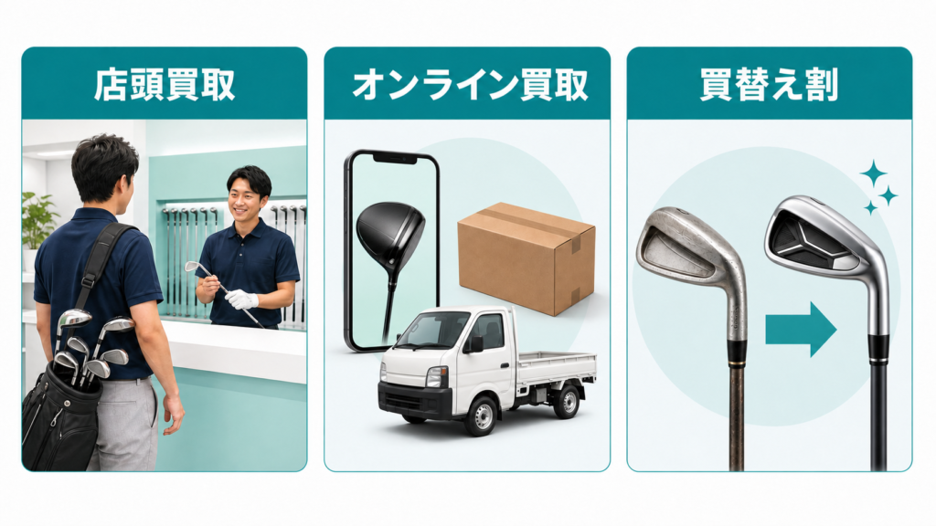 ゴルフドゥの店頭買取・オンライン買取・買替え割の違い