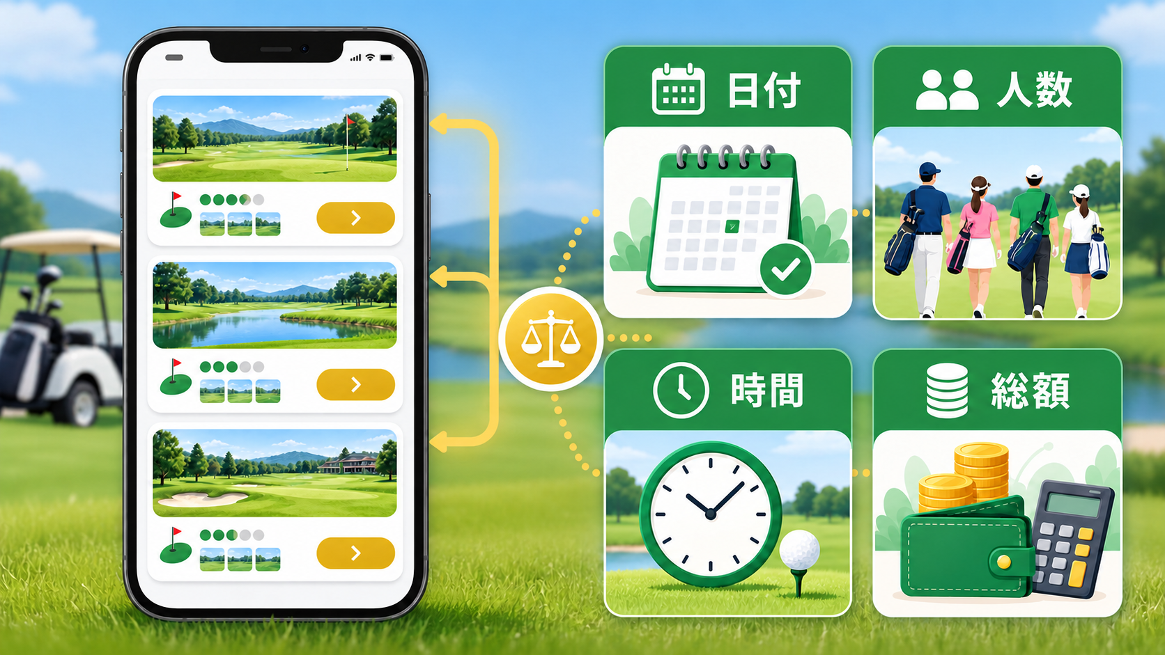 日付・人数・時間・総額をそろえてゴルフ場予約を比較する図